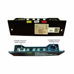This plastic control box is designed for use with healthcare beds, enabling bed positioning functions. It is compatible with Drive Medical equipment and manufacturer part number 15302. The unit is black and intended for hospital and long-term care facility applications.