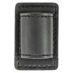 This duty equipment pouch is constructed from black synthetic leather with a plain finish. It measures 3 1/2 inches by 2 1/4 inches and features an open closure for quick access. Designed to hold a standard flashlight, it is suitable for use by security personnel, law enforcement, and industrial maintenance teams who require a readily accessible light source on a belt or gear.
