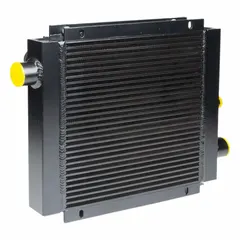 DC motor driven forced air oil cooler rated for 17 hp heat removal. Handles up to 100 gpm flow at 250 psi maximum pressure. Operates on 12V DC power with SAE #16 ports. Suitable for cooling hydraulic or lubrication oil in mobile and industrial applications.