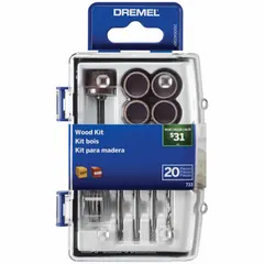 This 20-piece rotary tool accessory set is designed for woodworking tasks such as carving, routing, sanding, and drilling. It includes a 150-1/8 in drill bit and a storage case for organization. Suitable for use with rotary tools in hobby and professional applications.