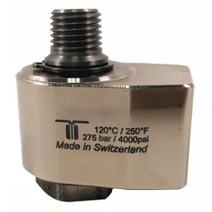 This MOSMATIC rotating joint is made of nickel-plated C38500 brass and features a single passage. It has a 1/4 in threaded rotating shaft and is rated for a maximum speed of 30 RPM. Typical applications include rotary indexing tables, packaging equipment, and light-duty rotating assemblies where a single passage and low-speed rotation are required.