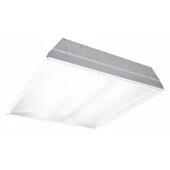 This 2 ft. x 2 ft. LED center-basket troffer delivers 3,445 lumens at 3500K color temperature, consuming 31 watts. It operates on 120 to 277V AC and is designed for use with U-Bend T8 lamps. Suitable for suspended ceiling grids in commercial and institutional spaces requiring even illumination.