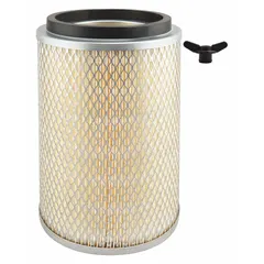 Round cabin air filter with axial seal design and cellulose media. Includes gasket for sealing. Used in vehicle cabin ventilation systems to filter airborne particles.