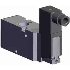 Three-way, two-position solenoid valve from the SMC VP Series. Single-solenoid, normally closed design with 24V DC operation. Ports are female 3/8 NPTF. Used to control pneumatic actuators and cylinders in industrial automation systems.