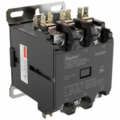 Three-pole, non-reversing definite purpose contactor with a 208/240V AC coil, rated 63 A and 600V AC maximum. Main contacts are 3NO (normally open). Terminals are box lugs; mounting is through-panel. Suitable for switching HVACR equipment such as compressors, condenser fans, and air handlers in commercial refrigeration and air-conditioning systems.