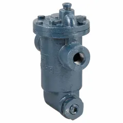 Cast-iron inverted-bucket steam trap with 1/2 in FNPT connections, rated for 950 lb/hr capacity at 125 psi maximum pressure and 450°F maximum temperature. In-line configuration for horizontal installation. Includes an integral strainer to protect downstream equipment. Used to remove condensate from steam lines in industrial heating and process systems.