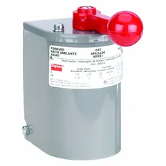 This 3-pole, single-phase drum switch provides maintained reversing control for forward/stop/reverse operation. Housed in a NEMA 1 enclosure, it is suited for industrial machinery such as conveyors, hoists, and machine tools requiring motor direction and power switching.
