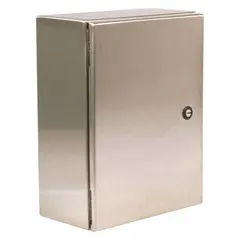This 304 stainless steel enclosure measures 48 x 36 x 12 inches with a solid cover and 1/4-turn latch closure. Rated NEMA 12/13/3R/4/4X, it is suitable for indoor and outdoor applications requiring protection against dust, water, and corrosive environments. No knockouts are provided.