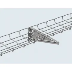This steel bracket with a galvanized finish is designed for use with wire mesh trays. It provides support for tray installations in cable management systems, suitable for routing and securing electrical cables in industrial environments.
