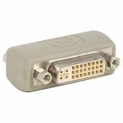 This video adapter features a DVI Female connector on both ends, allowing two DVI cables or devices with male connectors to be joined. It is used for extending or coupling DVI video signals in applications such as connecting monitors, projectors, or PCs.