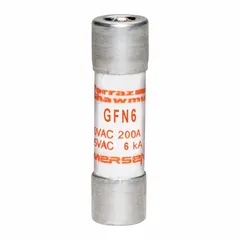MERSEN GFN Series midget time-delay fuse rated 6 A and 250 V AC, with a 13/32 in x 1 1/2 in body. The indicating feature provides visual blown-fuse detection. Designed for overcurrent protection in industrial control circuits, motors, and transformers, tolerating harmless inrush surges.