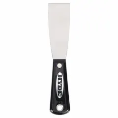 Standard scraper with a stiff, straight carbon steel blade and a nylon handle. Used for applying and removing putty, filler, and adhesive, as well as scraping paint or residue from surfaces such as windows, trim, and drywall.