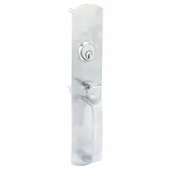 This brass pull handle with integrated deadbolt measures 11 inches in height and features a chrome finish. Designed as a hand pull, it combines entry operation with deadbolt locking for commercial door applications.