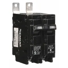 The SIEMENS B2100HH is a 2-pole, 100 A miniature circuit breaker rated for 120/240V AC single-phase systems. It features a bolt-on connection and a maximum AIR rating of 65kA at 120/240V AC. Designed for use with P1 Panelboards, this BL-series breaker provides overcurrent protection in industrial electrical distribution applications.