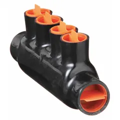 Double-sided entry multitap connector with 4 ports for splicing or tapping conductors in electrical distribution, panel boards, and junction boxes. Aluminum body. Wire range 4 AWG – 500 kcmil. For dry locations.
