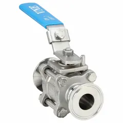 This VNE manual two-way ball valve features 316 stainless steel construction with clamp x clamp connections and a locking lever handle. It meets 3A Sanitary Standards with an average surface roughness of 20 Ra μ-in, suitable for sanitary processing lines requiring clean-in-place capability.