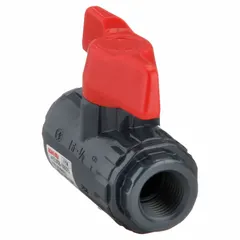 This ASAHI ball valve is a 1/2 in PVC, straight, one-piece, tee-type manual two-way valve rated for a maximum pressure of 150 psi CWP. It is used for on/off flow control in piping systems handling water, chemicals, or other fluids where corrosion resistance is needed.