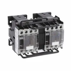 Reversing IEC contactor with 3 poles and 3 normally open contacts. Rated 9 A with a 240V AC coil. No integrated surge suppression. Used for forward/reverse motor control in industrial machinery such as conveyors, hoists, and pumps.