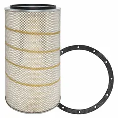 Engine air filter with round-oval shape and axial seal. Overall height 26 inches. Compatible with GMC buses. Part of the Baldwin Interchange PA2516 series.