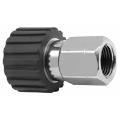 Nickel-plated C38500 brass rotating joint with a single passage and M22x1.5 stationary port. Designed for low-speed rotary applications up to 30 RPM, transferring fluid or gas from a stationary supply line into rotating machinery.