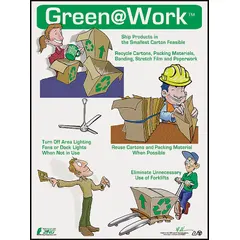 This poster is designed to promote environmental awareness and green initiatives in workplaces and public areas. It measures 22 inches by 16 inches nominal, is printed in English, and has no protective coating. The poster does not include a frame and does not have a write-on surface.