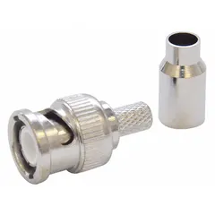 Male BNC connector with silver finish, designed for crimp-on termination of RG-59 coaxial cable. The 3-piece construction provides a secure connection for video and RF signal transmission. Supplied in a 10-pack.