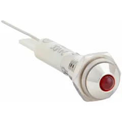 Red LED indicator pilot light with raised head for 6 mm panel mounting hole. Features solder lead electrical connection. Used on control panels, machinery, and industrial enclosures to signal equipment status in automation and process control systems.