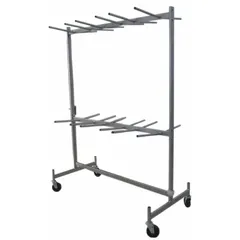 This hanging rack stores and transports up to 48 folding chairs. It features a gray frame with four swivel casters for easy maneuverability. Dimensions are 43 1/2 in L x 31 5/8 in W x 84 in H. Suitable for event venues, schools, and banquet halls.
