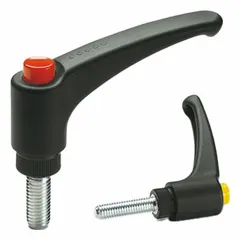 This teardrop-style adjustable handle features a plastic body with a steel threaded stud in #10-32 size and a 0.75 in thread length. The orange push-button cap provides high-visibility identification. Suitable for clamping, positioning, and adjusting machinery components.