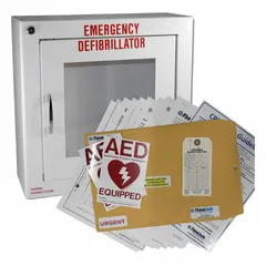 This wall-mounted steel cabinet stores an automated external defibrillator (AED) in emergency-ready locations. It includes a battery for the AED and is constructed of white steel. The cabinet does not include an alarm, providing a simple storage solution for quick access to life-saving equipment.
