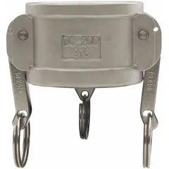 316 stainless steel dust cap for cam and groove couplings, with nitrile gasket and locking arm. Seals coupling end when not in use, protecting against contaminants. Rated 150 psi at 70°F, overall length 1 11/16 in.