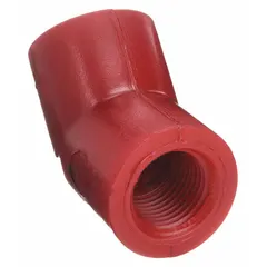 This 45° elbow is made of UV-resistant polyvinylidene and conforms to ASTM D3222. It features 1/2 in female NPT threads on both ends and is rated for Schedule 80 applications. Used in piping systems to change flow direction by 45 degrees, suitable for outdoor or UV-exposed environments.