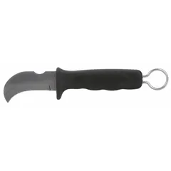 Hooked-blade knife for cutting and removing cable insulation. Steel blade with 3 in length, black cushion-grip handle. Overall length 8 in. Suitable for stripping cable in electrical, telecom, and industrial maintenance tasks.