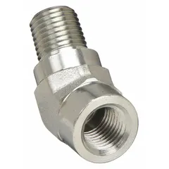 This 45° elbow is a 316 stainless steel extreme pressure instrumentation pipe fitting with 1/4 in x 1/4 in pipe size, rated for 5,600 psi maximum operating pressure, and a length of 1 11/16 in. It is used to change direction in high-pressure hydraulic, pneumatic, and process control lines.