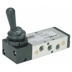 Four-way, three-position spool valve with lever actuation and spring return. Aluminum body with 1/8 in NPT ports. Used in pneumatic systems to direct compressed air flow to actuators, cylinders, or tools in industrial applications requiring manual control.