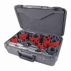 Bi-metal hole saw kit with 5/6 teeth per inch and 1 15/16 in maximum cutting depth. Suitable for cutting holes in wood, metal, and plastic. Includes 28 pieces.