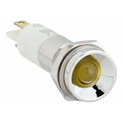 Yellow LED pilot light with protruding head for panel mounting. Features a 0.11 male quick disconnect electrical connection. Used for visual status indication in industrial control panels, machinery, and automation equipment.