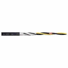Single motor power cable with 3 conductors of 4 AWG, PUR jacket, and integral ground conductor. Suitable for fixed or flexible installations with minimum bend radius factors of 5 x OD (fixed) and 8 x OD (flexible). Sold by the foot for custom lengths.