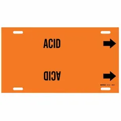 Orange snap-on pipe marker with black legend reading 'Acid' and directional arrows. Fits pipe outer diameters from 8 to 9-7/8 inches. Used to identify pipes carrying acid in industrial facilities, helping workers recognize hazardous contents and flow direction.