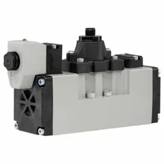 Four-way, three-position solenoid air control valve, 5599-1 double solenoid pressure configuration. Solenoid return, internal pilot. 120V AC. For pneumatic directional control of actuators and cylinders in industrial automation and material handling systems.