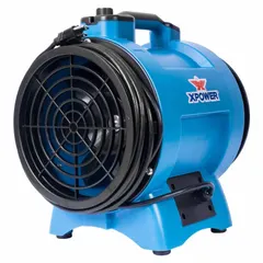 The XPOWER X-12 is an axial fan designed for confined space ventilation. It operates on 115 V AC with a 1/2 hp motor and delivers 2600 cfm max flow in free air through a 12-inch duct. Typical applications include exhausting fumes, dust, and heat from tanks, vaults, and manholes.
