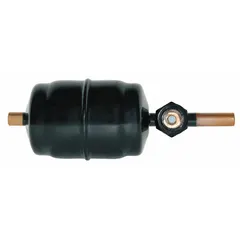 Steel shell filter drier for CFC refrigerant systems. Designed for 5.2 ton systems, it uses a molecular sieve to remove moisture, acids, and contaminants. Length: 7.7 inches.