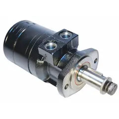 Parker TF Series hydraulic motor with SAE A 2-Bolt mounting, 4.9 cu in/rev displacement, 693 RPM maximum speed, and 3000 psi maximum pressure. Features a 7/8"-14 SAE port connection. Suitable for moderate-speed, high-torque applications such as conveyors, winches, and material handling equipment.