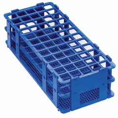 This blue polypropylene test tube rack from SP SCIENCEWARE provides 60 places for benchtop organization of test tubes. It measures 4 1/8 in wide, 2 1/2 in high, and 9 3/4 in long. Suitable for laboratory and industrial settings where secure holding and chemical resistance are required.