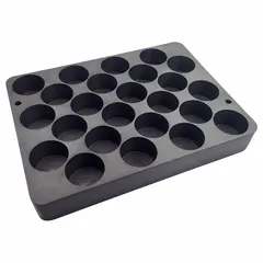 Dry evaporator and concentrator block with 24 positions for EPA vials. Overall dimensions: 2 in height, 7 1/8 in length, 5 3/8 in width. Compatible with evaporator systems for sample concentration in analytical procedures.