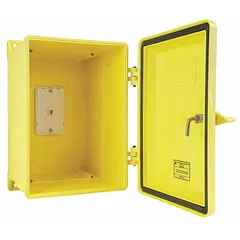 This NEMA 4X-rated weatherproof phone enclosure is made of corrosion-resistant plastic and features a modular jack. Designed for pole mounting, it accommodates wall telephones in outdoor or harsh environments where protection from weather and corrosion is required.