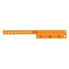 Vinyl security wristband in orange, 10 inches long and 3/4 inch wide. Pack of 500. Features a tamper-evident design that voids if detached, suitable for identification and access control at events, healthcare, and industrial facilities.