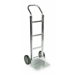 This hand truck is constructed with a silver aluminum frame for corrosion resistance in environments where moisture or chemicals may be present. It features a flow-back design and tread-on-core wheels, with a 500 lb capacity suitable for moving heavy loads in industrial, warehouse, and commercial settings.