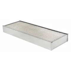 Rectangular panel cabin air filter with paper media, 20-inch overall length. Designed for cabin air filtration in Bell Equipment vehicles. Direct replacement for Baldwin Interchange PA2354.