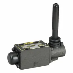 This lever-operated directional control valve is part of the D1VL series with D03 NFPA size and three positions. It has a maximum flow rate of 10 gpm and is manually actuated. Typical applications include directing hydraulic fluid flow in industrial machinery such as presses, injection moulding machines, and material handling equipment.